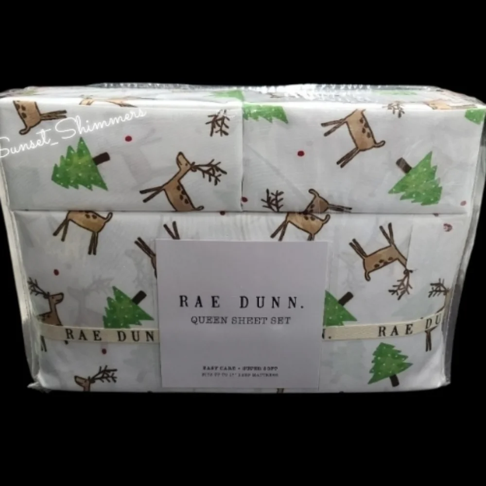 Rae Dunn Stag Reindeer Christmas Tree Queen Bed Sheet Set Decor New